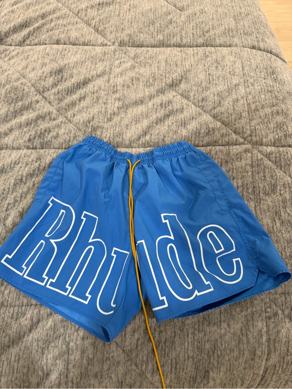 Rhude Bright Blue Swim Shorts with Yellow Drawstring
